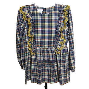 Bonnie Jean Girl's Top Sz 16 Long Sleeves Blue Plaid w/ Yellow Eyelet Lace Trim